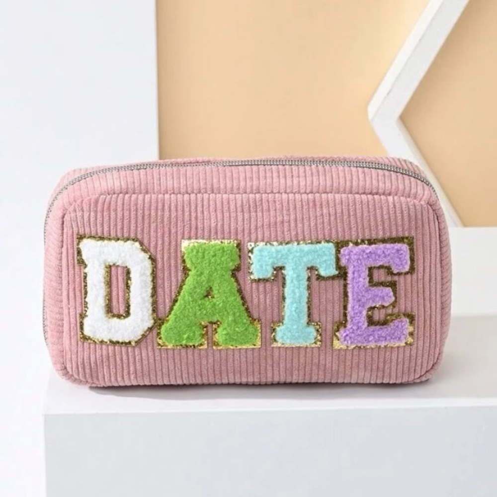 Chenille Letter Corduroy Makeup Bag -DATE